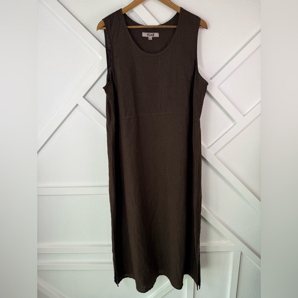 FLAX 100% Linen Sleeveless Midi Dress Side Slit Brown Lagenlook Size Large - Picture 1 of 9
